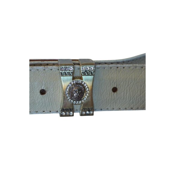 Vintage Cream Bone Leather Gold Tone Jeweled Lion Mens Belt Size 42 Cowboy Bling - Picture 2 of 12
